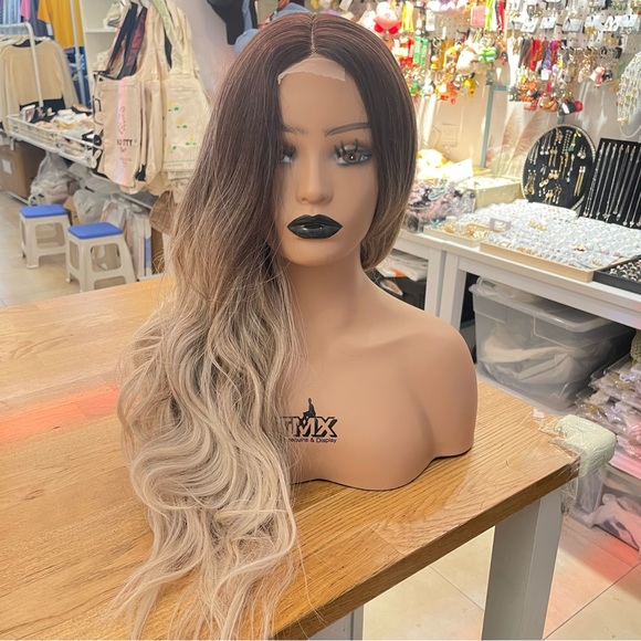 Human hair blend lace front ash blonde with dark roots wavy wig. main image 9